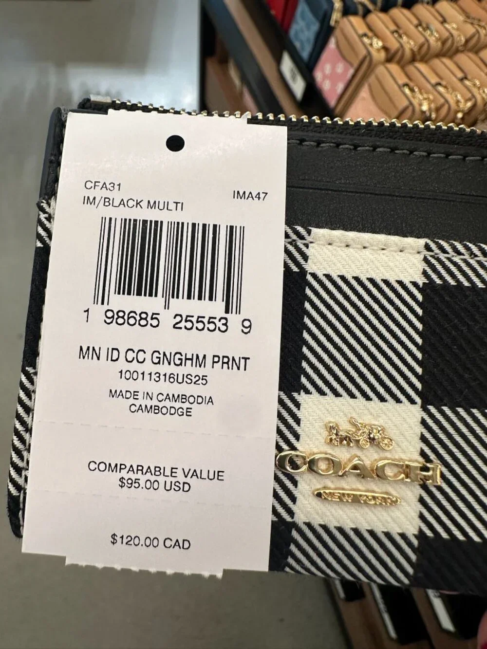 NWT! Coach CFA31 Mini Skinny ID Case With Gingham Print  & Charm In Black Multi